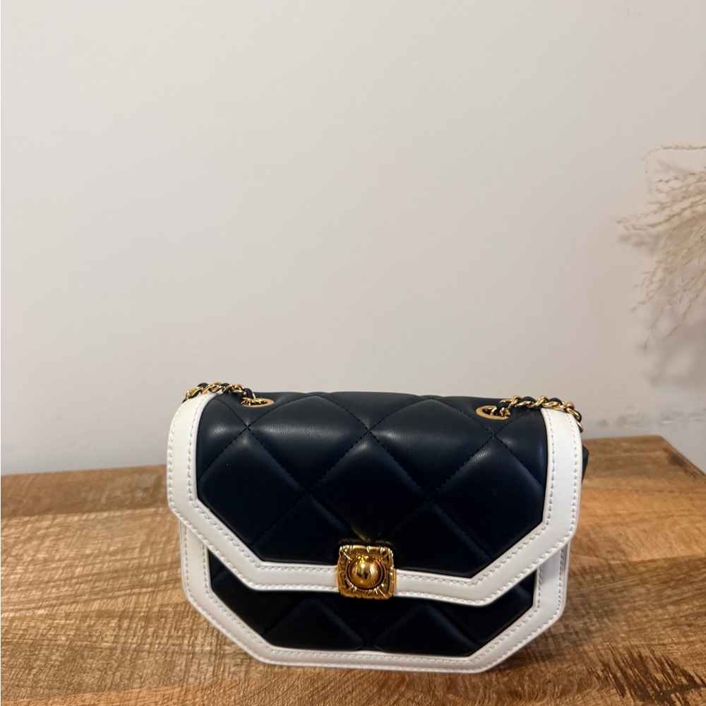 Charles & Keith Black and White Quilted Crossbody with Gold Hardware